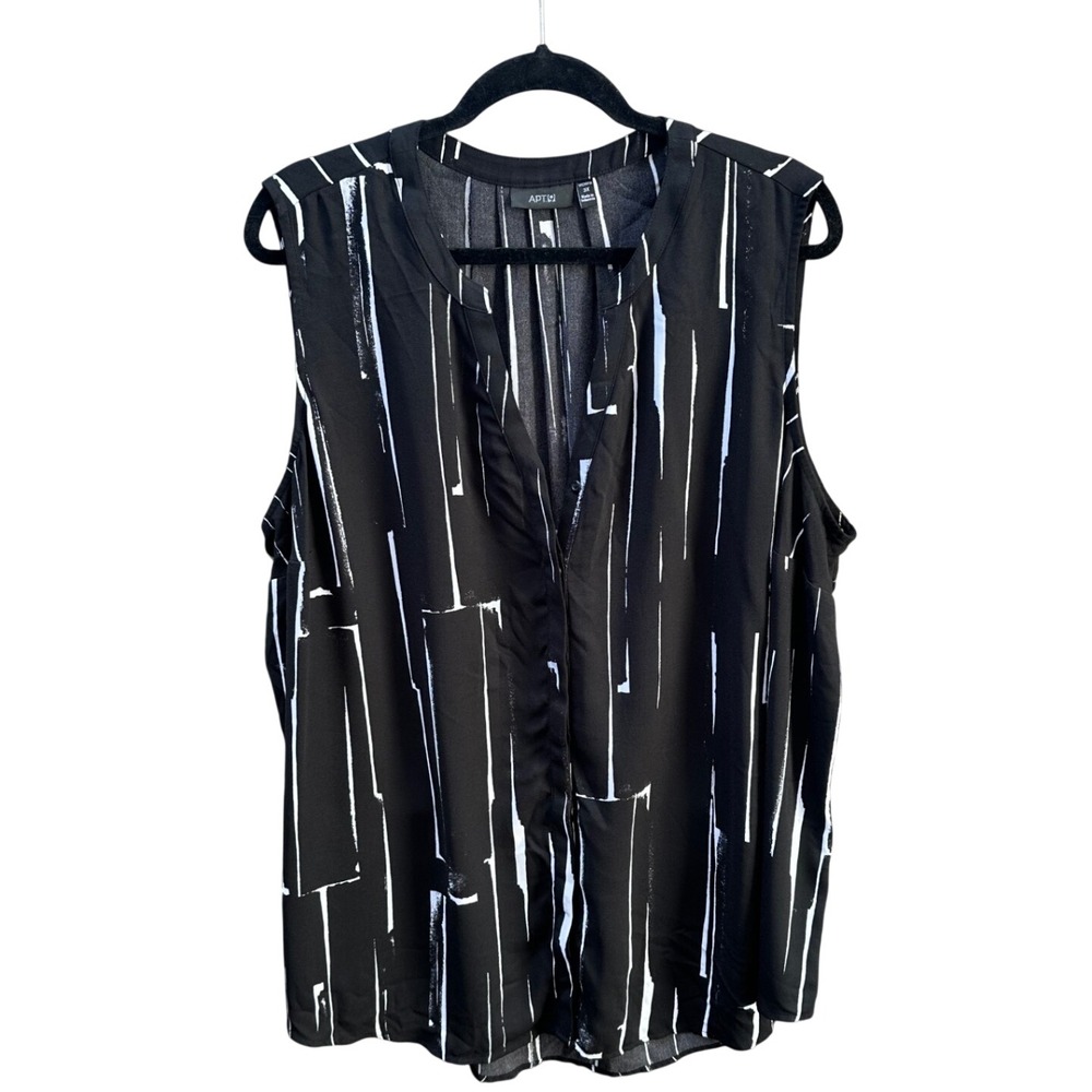 Apt 9 Womens 3X Black White Abstract Stripe Sleeveless Split Neck Blouse Top